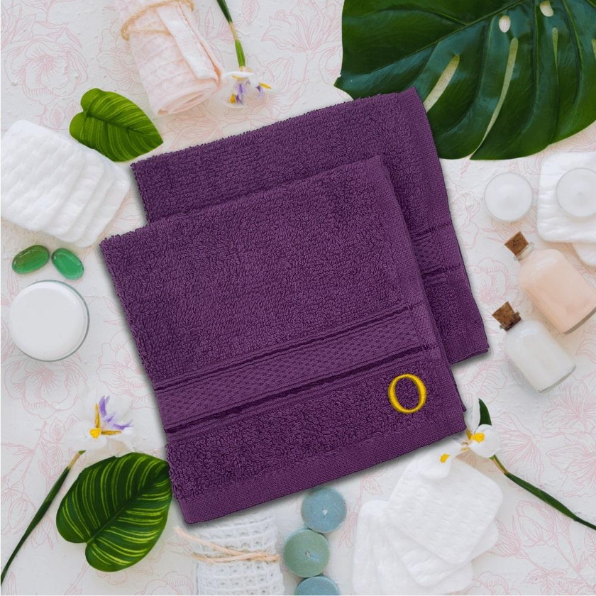 BYFT - Daffodil (Purple) Monogrammed Face Towel (30 x 30 Cm - Set of 6) - 500 Gsm Golden Thread Letter "O"- Babystore.ae