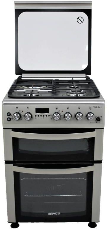 GC-F6631ZX2D2(SL) - 3Gas+1Electric, 60X60 Full Convection Double Oven+Grill, 1 WOK, 1 Rapid HP (180mm - 2000W), Flame Failure Device, Rotisserie, Smart Timer, Cast Iron Pan Supports with Matt enamel burner caps, Utensil Apparatus for Glass Lid, Silver.
