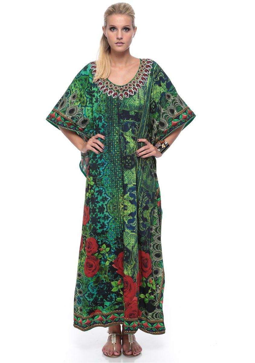 PJ's Exclusive Printed Kaftans Embellished with Exquisite Stone Work - Free Size, Green