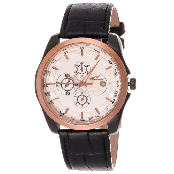Charisma Women's White Dial Rose Gold and Black Stainless Steel Case  Leather Strap Watch (C6370)