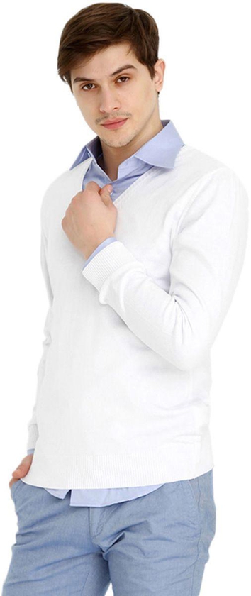 Cobalt White Mixed Materials V Neck Pullover Top For Men