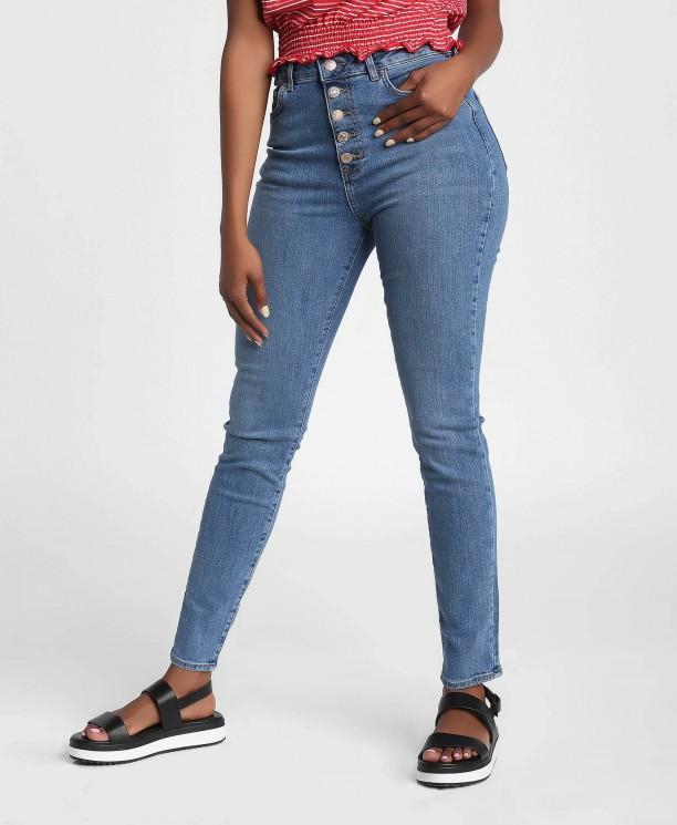 Blue High-Rise Exposed Button Skinny Jeans