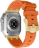 المتجر التالي شريط مطاطي من السيليكون السائل متوافق مع Apple Watch Series Ultra 2 - 9 - 8 الترا - 8 - 7 - 6 - 5 49 مم 45 مم 44 مم 42 مم، حزام مطاطي فاخر مع محول من الفولاذ المقاوم للصدأ (برتقالي وذهبي)