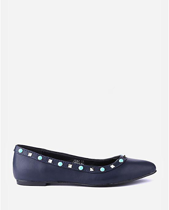 Joelle Studed Pointed Ballet Flat - Navy