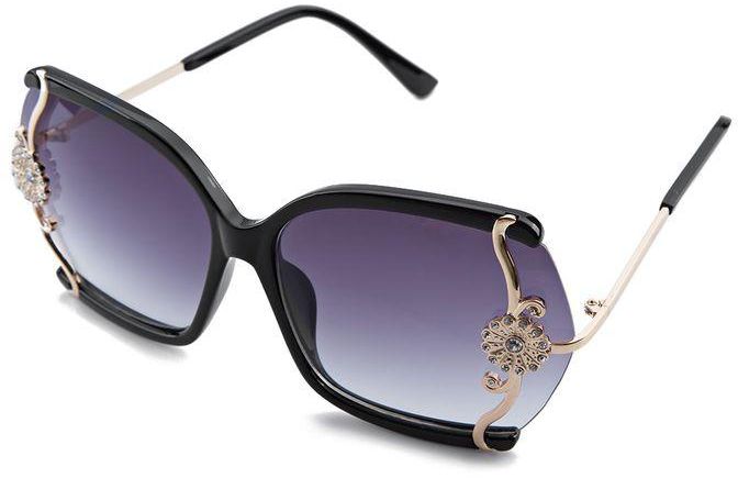Fashion Vintage Ladies Oversize Camellia Design Gradient Metal Frame Sunglasses(Black)