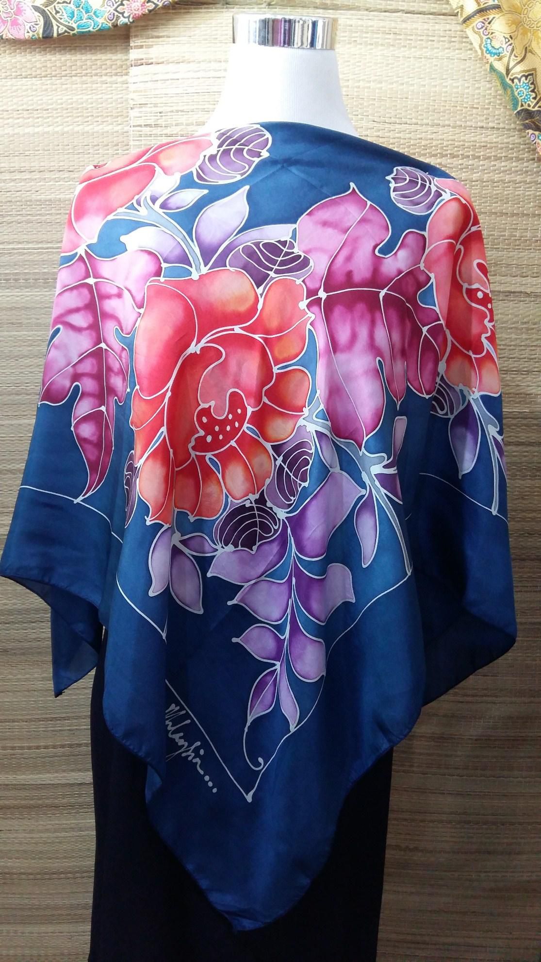 Silk Batik Scarf Malaysia Handmade &amp; Hand Drawn Genuine Silk 100%