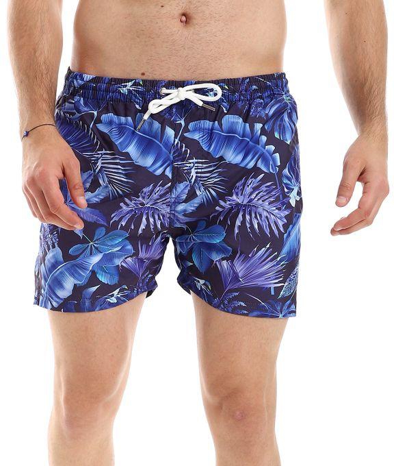 Pavone Leaves Self Patterned Elastic Waist Swim Short With Pockets - Navy Blue