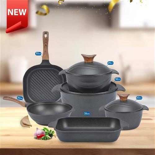 Kitchen Cookware Set, 9 Piece, 3 Pot, Square, Round, Multiple Colors + Grill - KM-EG84-12