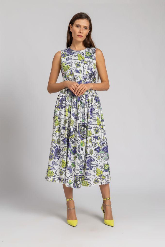Esla White, Apple Green & Blue Classic Vibes Mid Calf Length Dress
