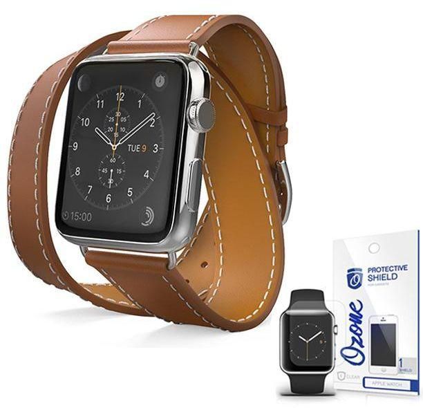 PU Leather Band Strap Double Tour with screen protector for Apple Watch 38mm Brown