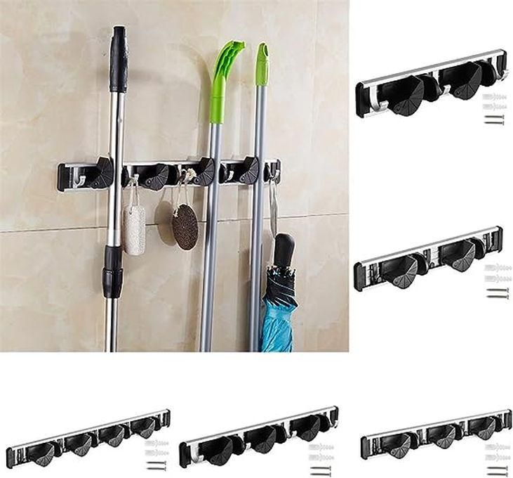 Broom And Mop Holder, Heavy Duty Tool Storage Organizer With 4 Shelves And 5 Hooks