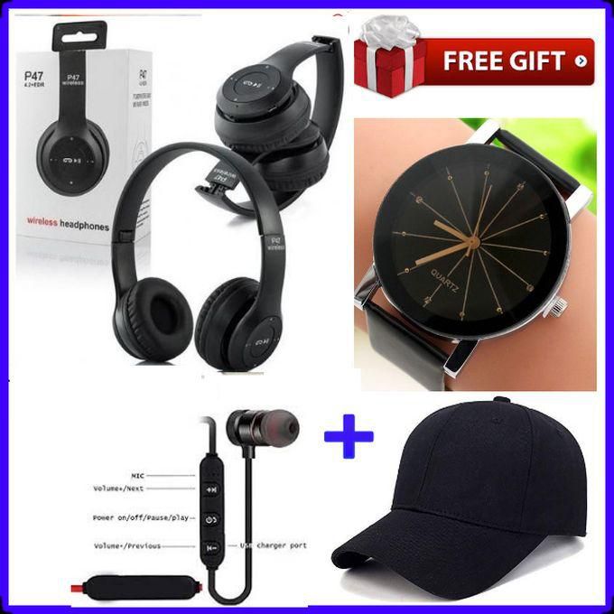 P47 Bluetooth Wireless Headphone+ BT Earphones +Cap+ Watch