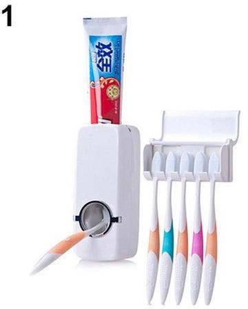 Bathroom Wall Mount Rack Automatic Toothpaste Dispenser Brush Holder White 17.45 x 11.45 x 7.9cm