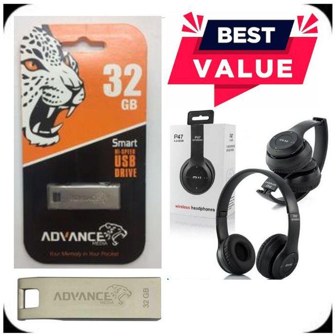 Advance USB Flash Disk Smart 32GB - Silver+ P47 Wireless Headphones