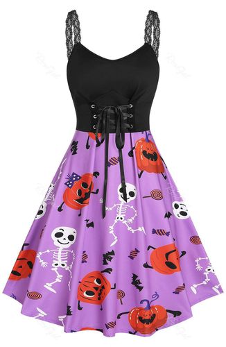 Plus Size Pumpkin Skeleton Print Lace Up Halloween Dress - 4x