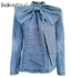 2021 High quality Patchwork Bow Denim Women Jacket Stand Collar Long Sleeve Vintage Ruched For Female Fashion Clothing