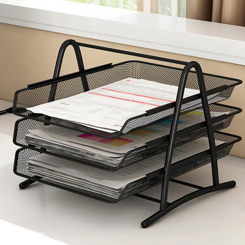 Multifunctional 3 Tier Paper Tray Organizer for Desk, Black Stackable File Rack Metal Mesh Letter Trays, Metal Grid Document Holder and Storage for Office Desktop Organization and 
