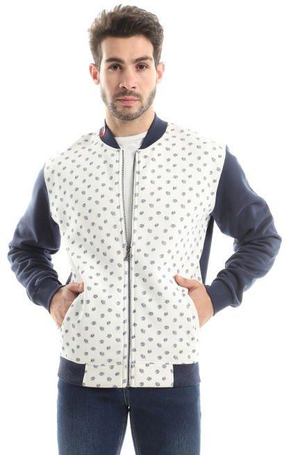Dockland Zip-Up Fleece Sweatshirt - Navy Blue & White