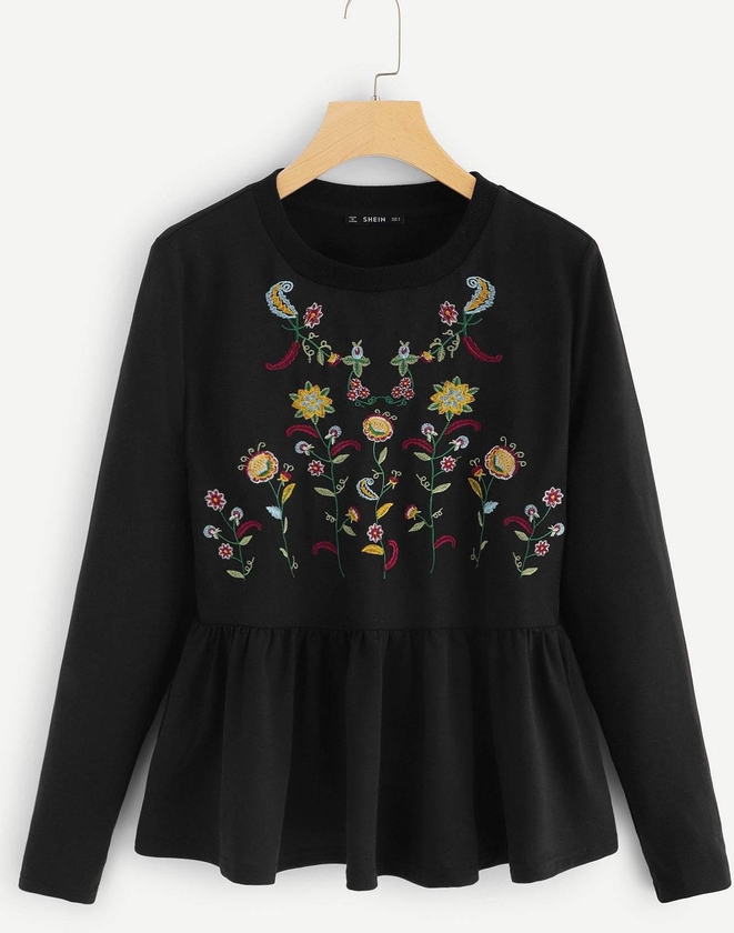 Shein | Floral Embroidered Peplum Hem Sweatshirt