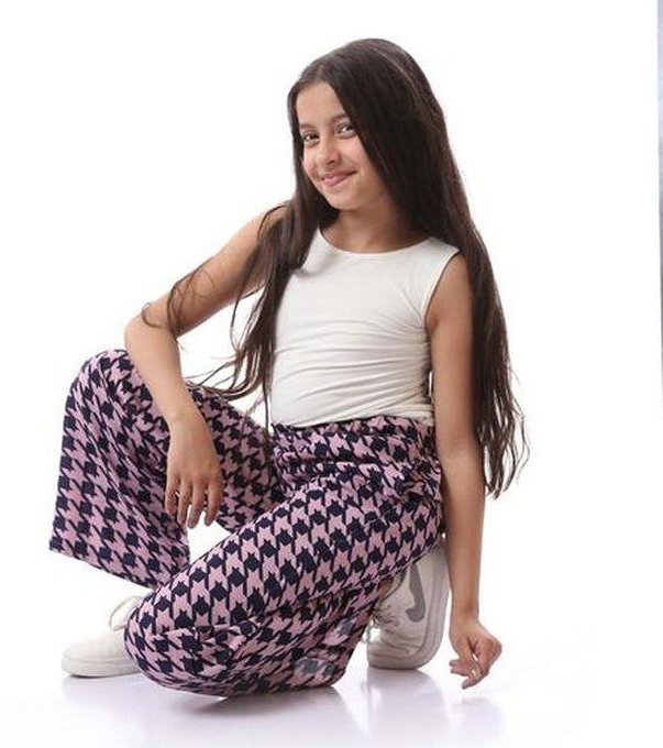 Andora Houndstooth Patterned Girls Pants With Side Pockets - Cashmere & Navy Blue