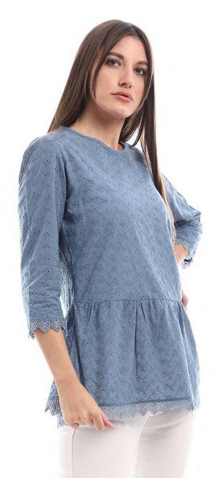 Round Neck Blouse Long Sleeves - Steel Blue