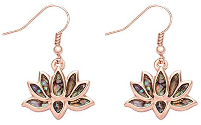 Alloy Abalone Paua Shell Studded Lotus Flower Shaped Dangle Earrings
