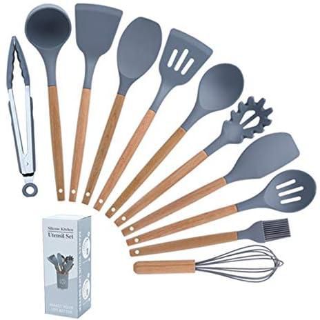 XY 11 Pcs Silicone Kitchen Utensils,Silicone Utensil Set,Safe Food Grade Silicone with Premium Wood Handles, Non Stick Silicone Kitchenware, Heat Resistant Cookware. (Grey)