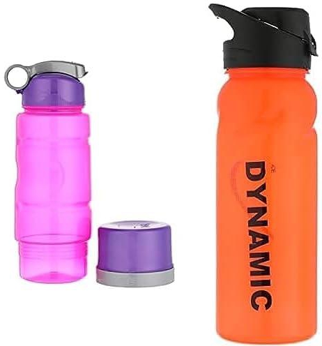 زجاجة مياه بلاستيك مع كوب، ارجواني فاتح ورمادي + زجاجة مياه بلاستيك بغطاء 750 مل، برتقالي واسود