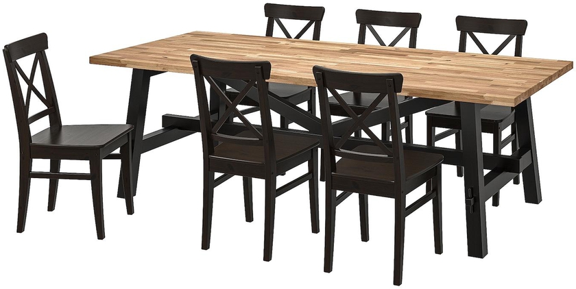 SKOGSTA / INGOLF Table and 6 chairs - acacia/black 235x100 cm