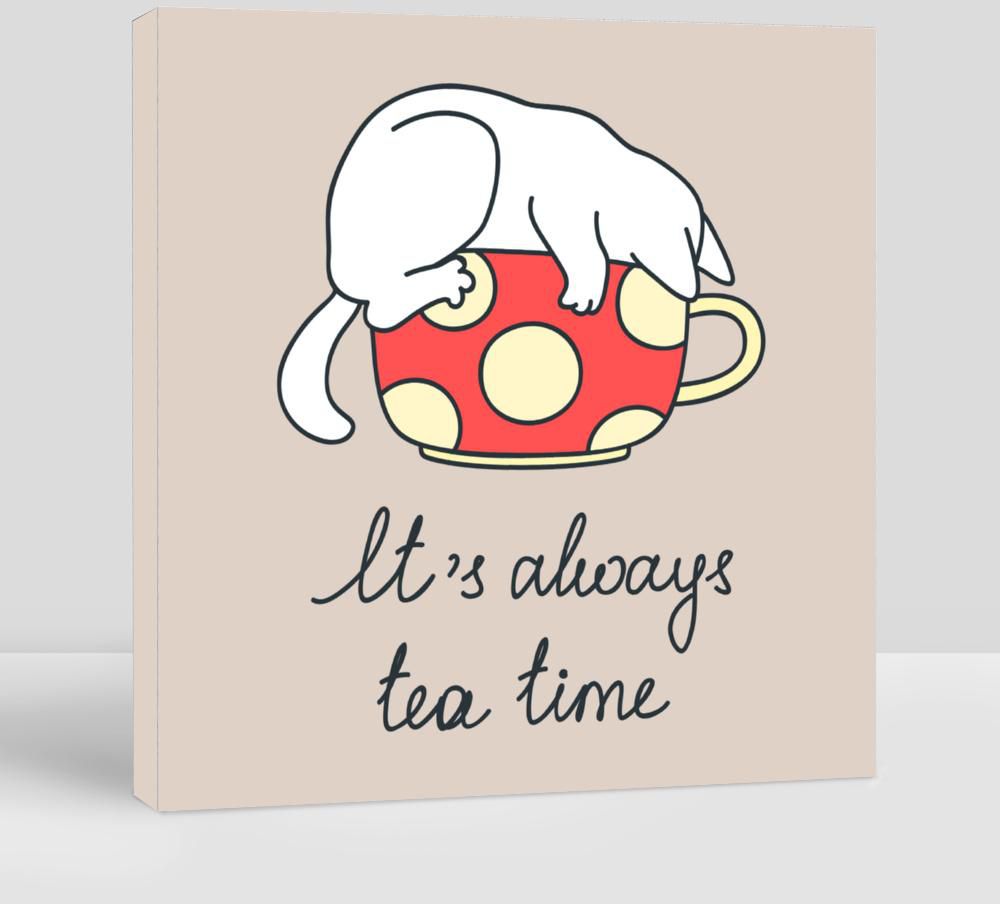 It's Always Tea Time.Funny Illustration of a White Cat in a Cup of Tea