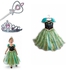 3 Pieces Elsa Anna Green Dress Frozen With Blue Crown And Wand 8-9 Years