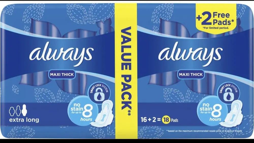 Always | Maxi Thick Extra Long Sanitary Pads with Wings | 18 Pcs + 2 Pcs Free