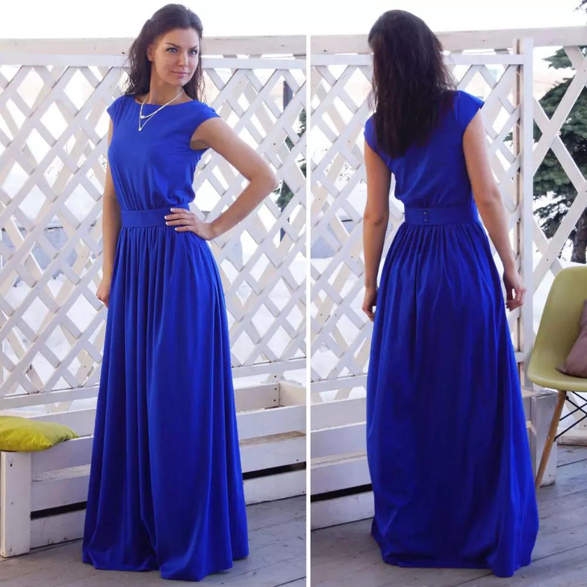 ummer Elegant Beach Dress with Sashes Pleated Robe Empire Blue Long Maxi Dresses Belt Women Clothing blue 10