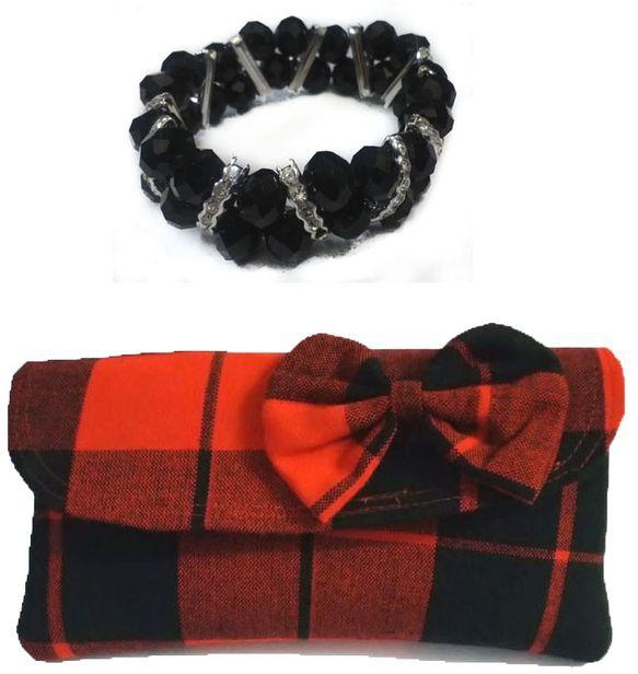Fashion Womens Red/Black Maasai Clutch Bag With Black Bracelet