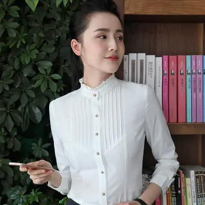 2021 High quality Spring Fashion women long sleeve white blouses formal slim lace stand collar chiffon shirt office