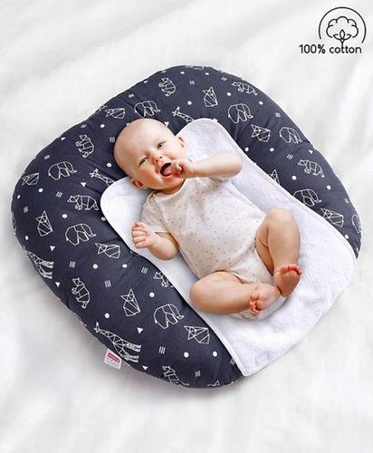 Babyhug 100% Cotton Premium Baby Lounger With Waterproof Sheet Geometric Animals Print - Black