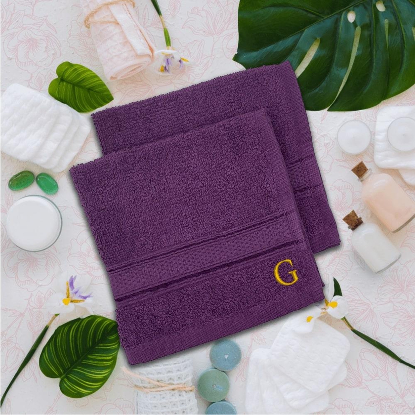 BYFT - Daffodil (Purple) Monogrammed Face Towel (30 x 30 Cm - Set of 6) - 500 Gsm Golden Thread Letter "G"- Babystore.ae