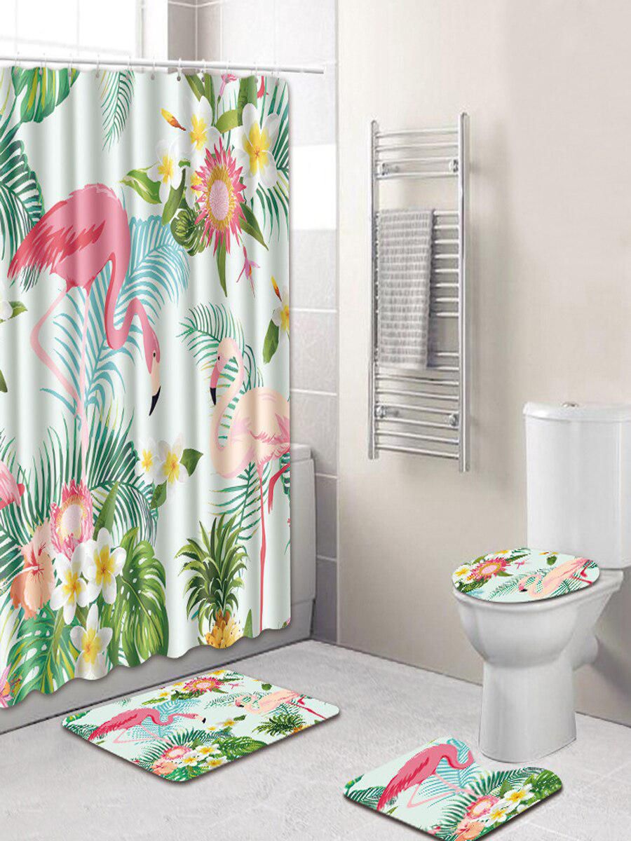 4 Pcs Bathroom Accessories Set Flamingo, Bathroom Sets With Shower Curtain And Rugs And Accessories