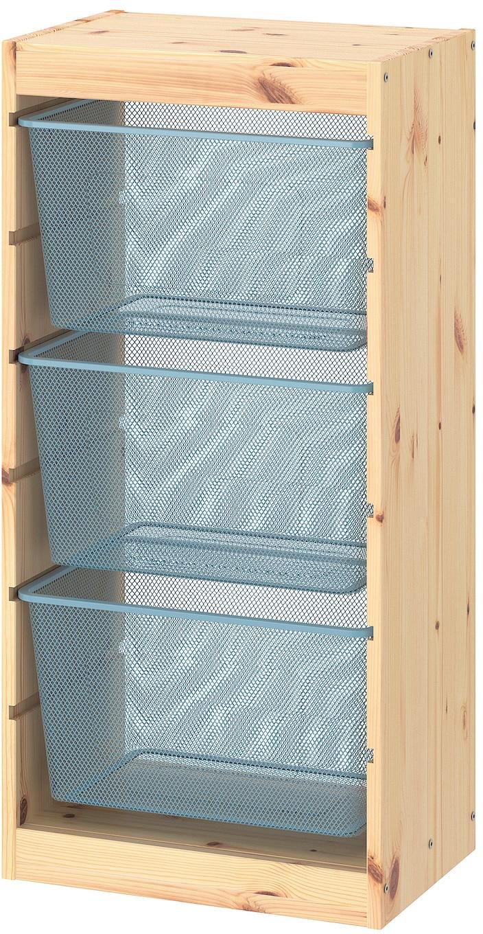 TROFAST Storage combination with boxes - light white stained pine/grey-blue 44x30x91 cm