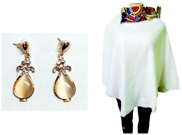 Fashion Ladies Cream Ankara Cotton Poncho With Dangle Earrings