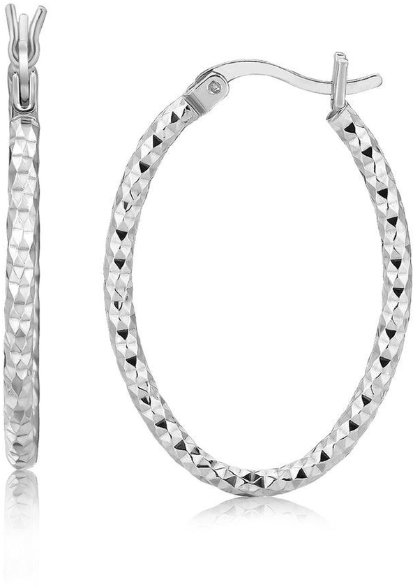 Sterling Silver Rhodium Plated Textured Diamond Cut Oval Hoop Earrings-rx57386