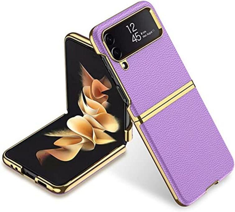 For Samsung Galaxy Z Flip 4 Case, Genuine Leather Galaxy Z Flip 4 Case, Shockproof Case For Z Flip 4, Electroplated Phone Case For Samsung Galaxy Z Flip 4 5G (2022)- Purple