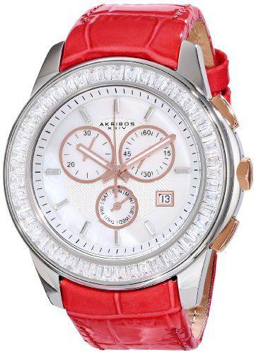 Akribos XXIV Women's AK621RD Lady Diamond Swiss Quartz Crystal Mother-of-Pearl Silver-tone Stainless Steel Red Leather Strap