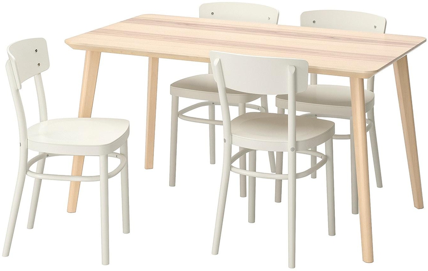 LISABO / IDOLF Table and 4 chairs - ash veneer/white 140x78 cm