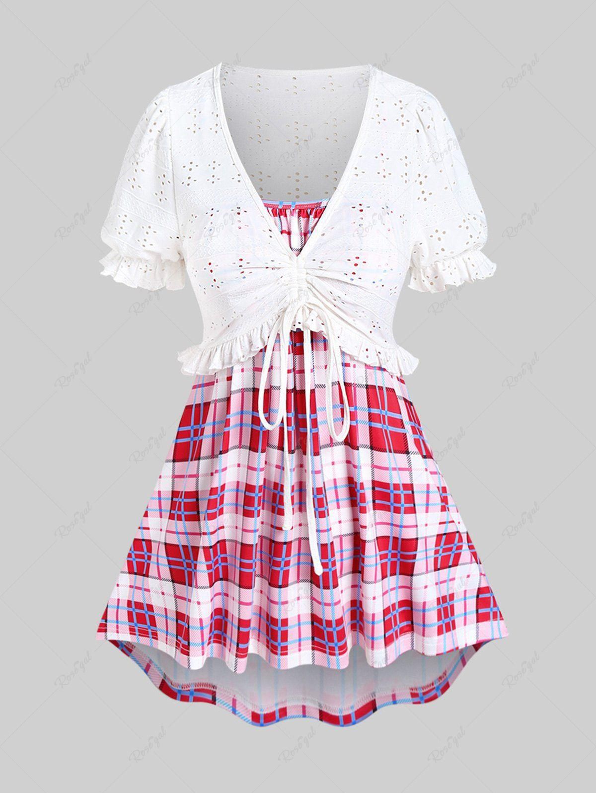 Plus Size Broderie Anglaise Ruffles Cinched Short Top and Asymmetric Plaid Tank Top Set - M | Us 10