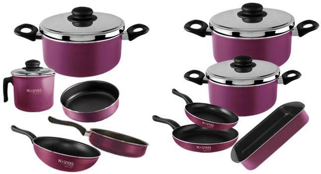 Nouval Cookware Set 14 Pieces, Pot 18-22-26 & Fry Pan 20-28 & Oblong Oven Tray 30 & Oven tray 28 & Jumboo Fry Pan 24 & Fryer Pan 26 & Millk Pot 14 - Purple