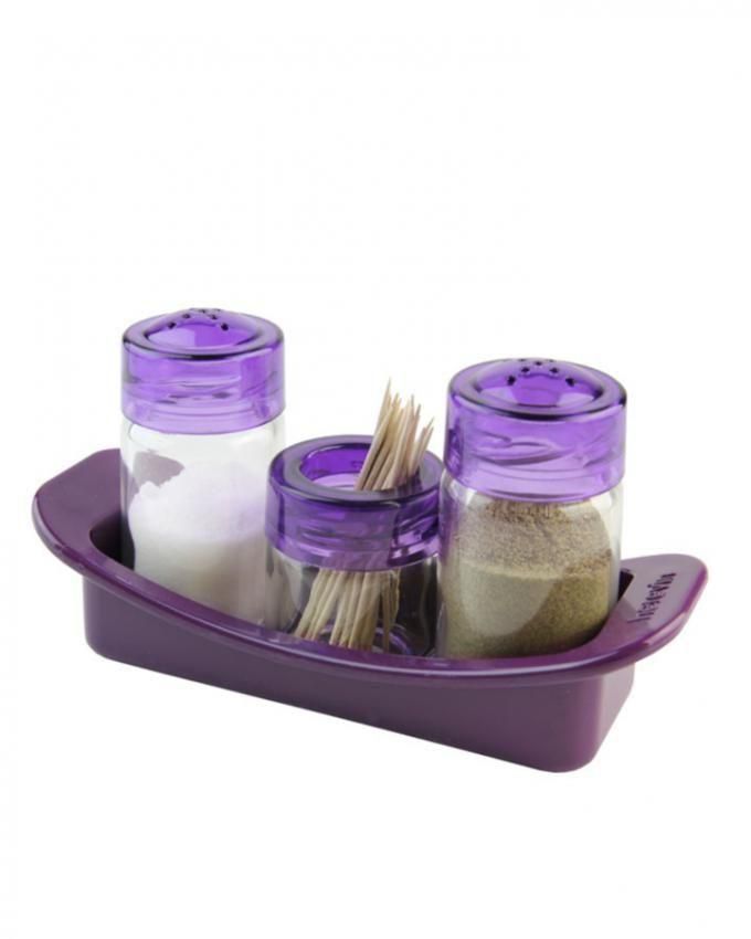 Herevin Salt & Pepper Shaker Set with Toothpick Holder - 3 Pcs - Purple