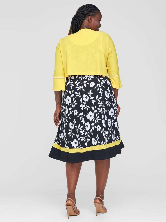 Twilight Collections Knee Length Jacket & Skater Dress - Yellow / Black Print