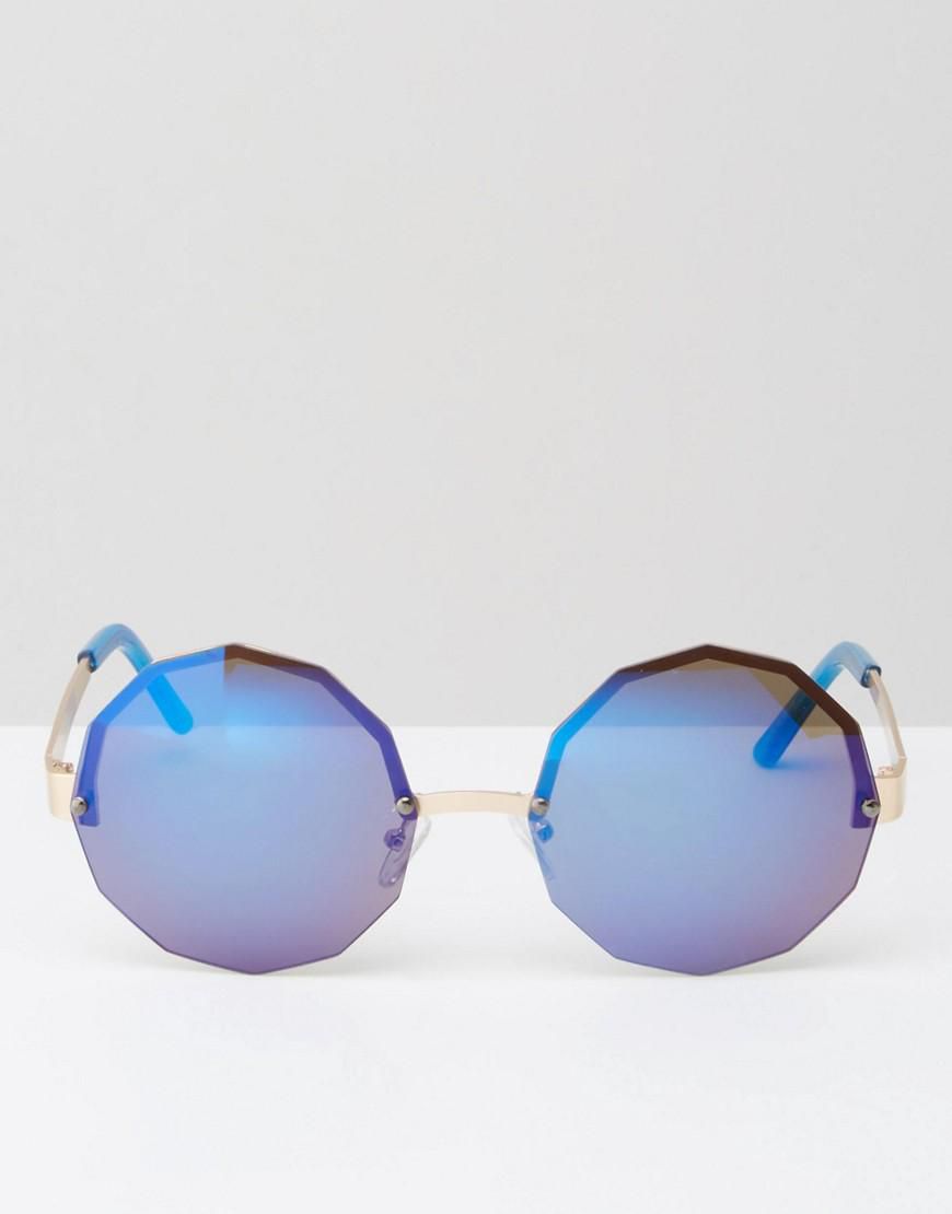 Jeepers Peepers Hexaganol Round Sunglasses with Blue Mirror Lens