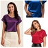 ROV D'Clothier 3in1 Women's Short Sleeve Top Round -neck Satin Silk Blouse Loose Fit Shirt